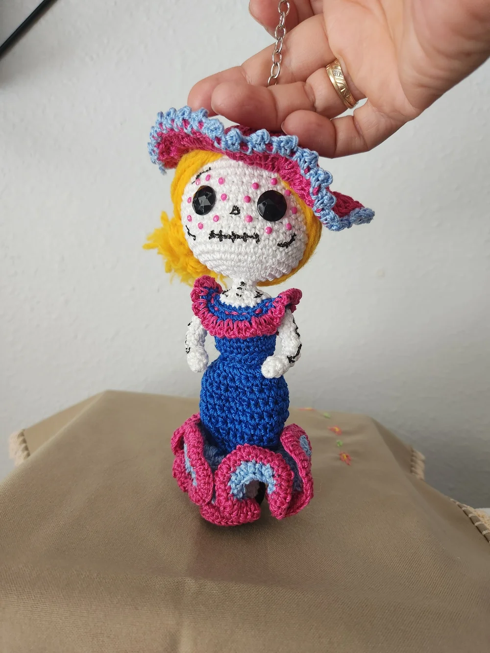 Handmade Crochet Doll Keychain - Pink & Blue